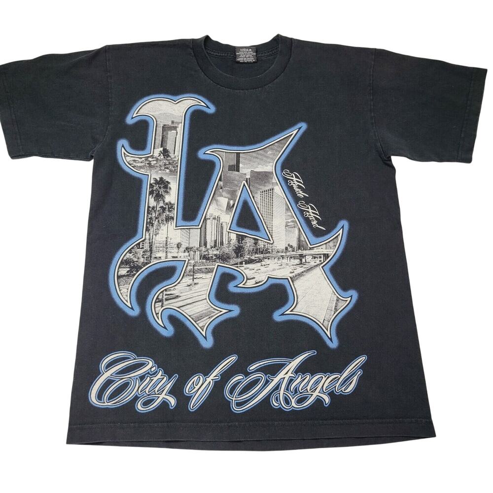 Vtg Los Angeles City Of Angels Double Sided Graphic Y2K Black Men's Size Medium